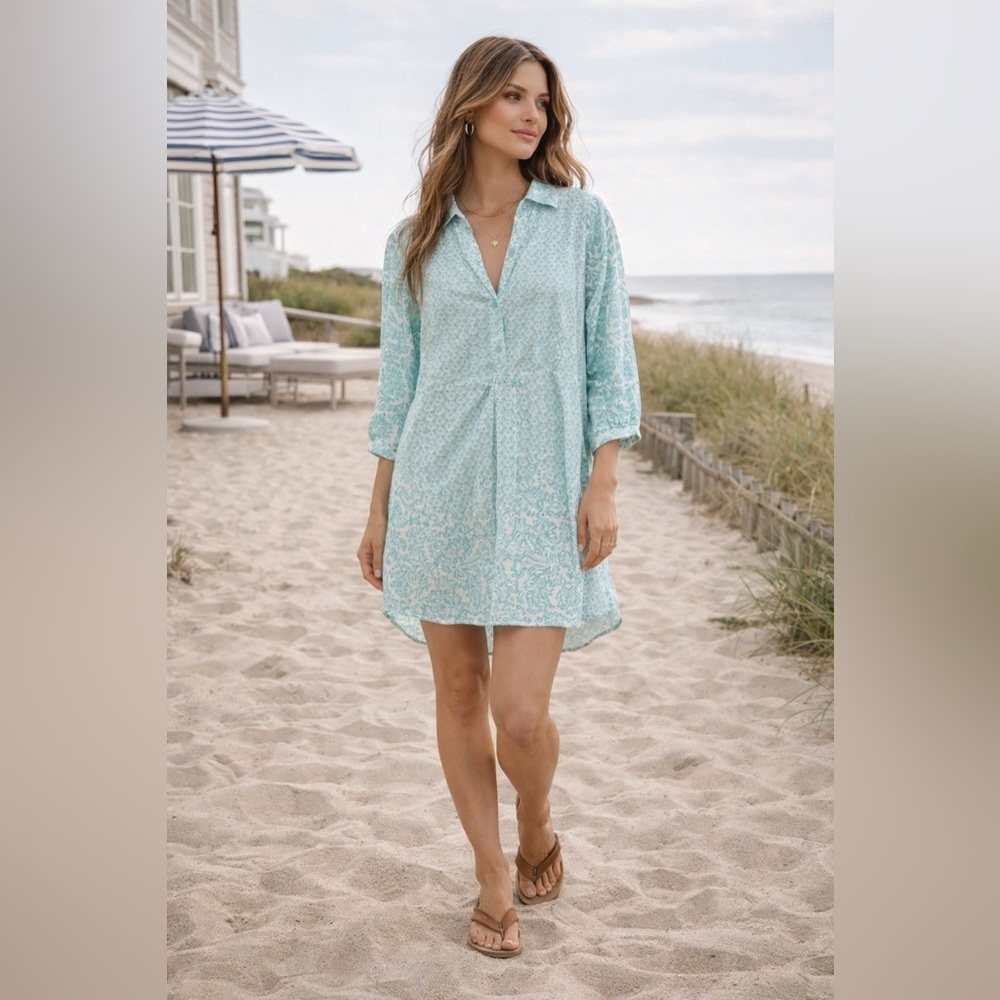 Ro’s Garden Aqua Block Print Cotton Tunic Dress Boho Beach Small